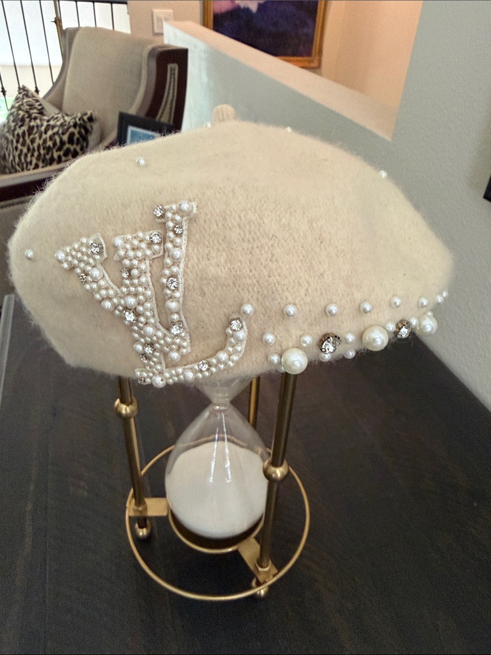Pearl-Embellished Ivory Wool Beret - Designer-Inspired